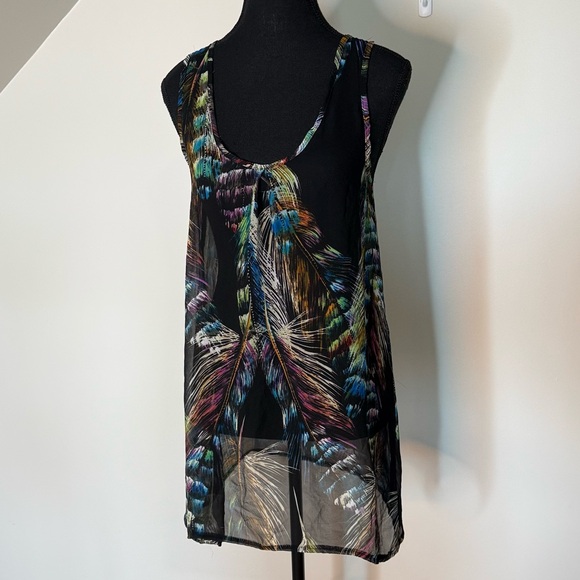 LOVELYGIRL COLLECTION Sheer Tank Top Black Multicolour Feather Pattern Racerback - Picture 3 of 10